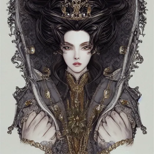 Image similar to portrait of a queen, baroque style, elegant, beautiful, mesmerizing, concept art, fancy clothing, highly detailed, artstation, behance, deviantart, inspired by innocent manga, inspired by castlevania concept art, trending, ayami kojima, shinichi sakamoto