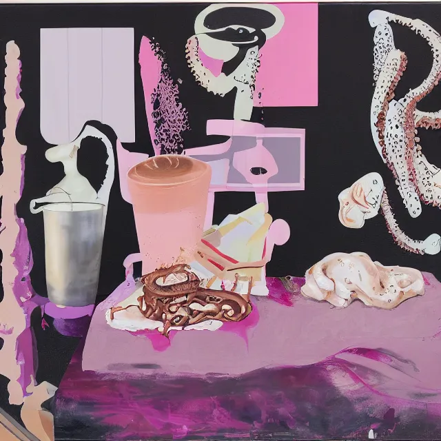 Image similar to sensual, a portrait in a female art student's bedroom, black walls, a woman drinking iced latte, pancakes, maple syrup dripping, chocolate, surgical supplies, ikebana, octopus, neo - expressionism, surrealism, acrylic and spray paint and oilstick on canvas