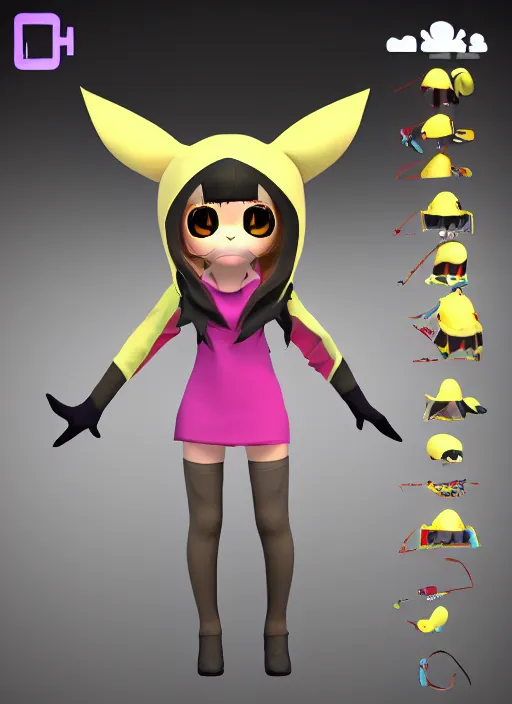 Image similar to vrchat, secondlife, imvu, 3 d model of a girl in a pikachu hoodie, hq render, detailed textures, artstationhd, booth. pm, highly detailed attributes and atmosphere, dim volumetric cinematic lighting, hd, unity unreal engine