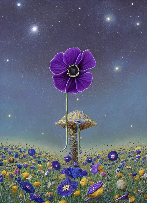 Image similar to detailed, intricate blue black and purple papaverum flower on the field, nebula, galaxy in the sky, winning award masterpiece, fantastically beautiful, illustration, aestheticly inspired, jacek yerka, upscale with anguissola sofonisba work, artstation, 8 k