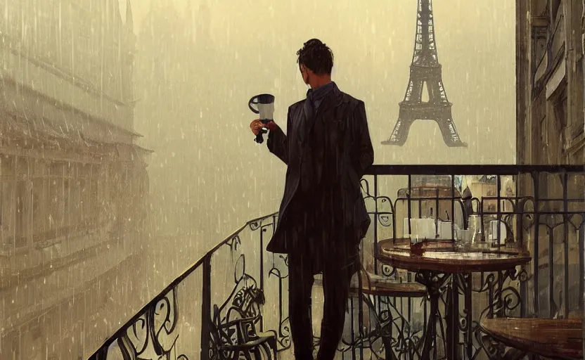 Image similar to elegant man drinking coffee at balcony in france, city with big eiffel tower seen behind, late night raining, highly detailed characters, by greg rutkowski, alphonse mucha, beeple, sharp focus, digital art, smooth, light refraction, pixiv art, volumetric lighting