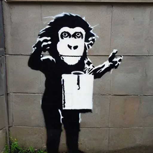 Image similar to Graffiti by Banksy of an ape in a suit drinking champagne