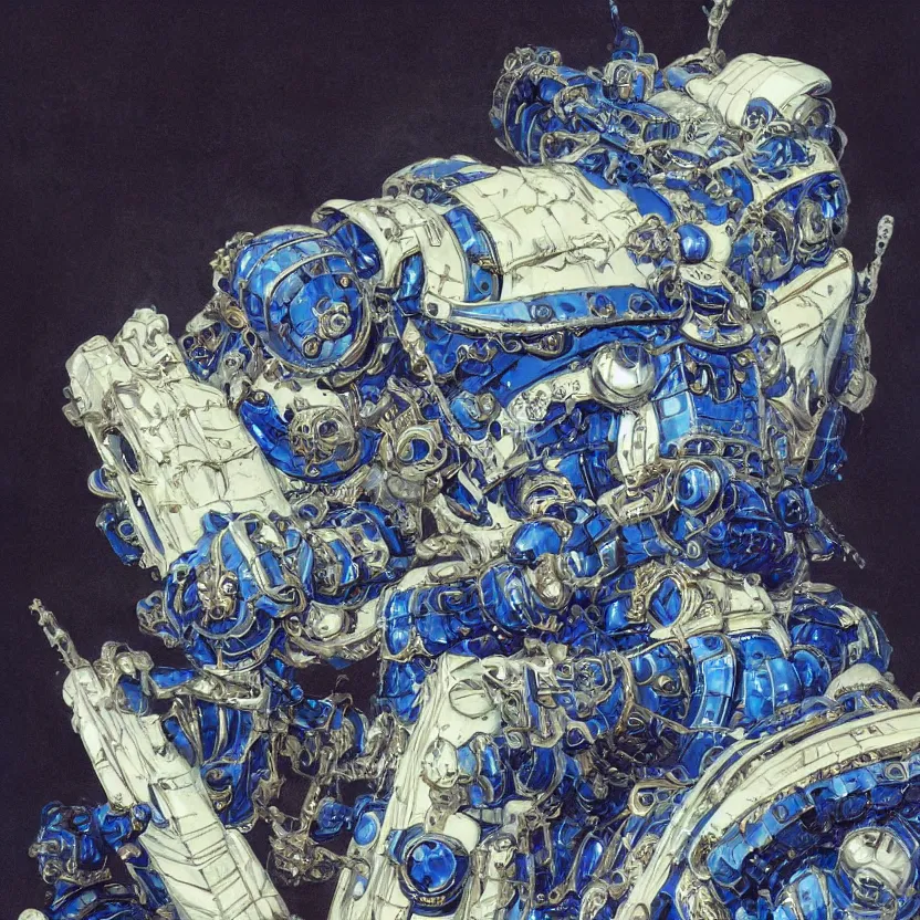 Image similar to a dark baroque close - up portrait of an ornate blue and white porcelain mecha made out of white vitrified translucent ceramic ; china. reflective detailed textures. gloomy black background. highly detailed fantasy science fiction painting by moebius, norman rockwell, frank frazetta, and syd mead. rich colors, high contrast. artstation