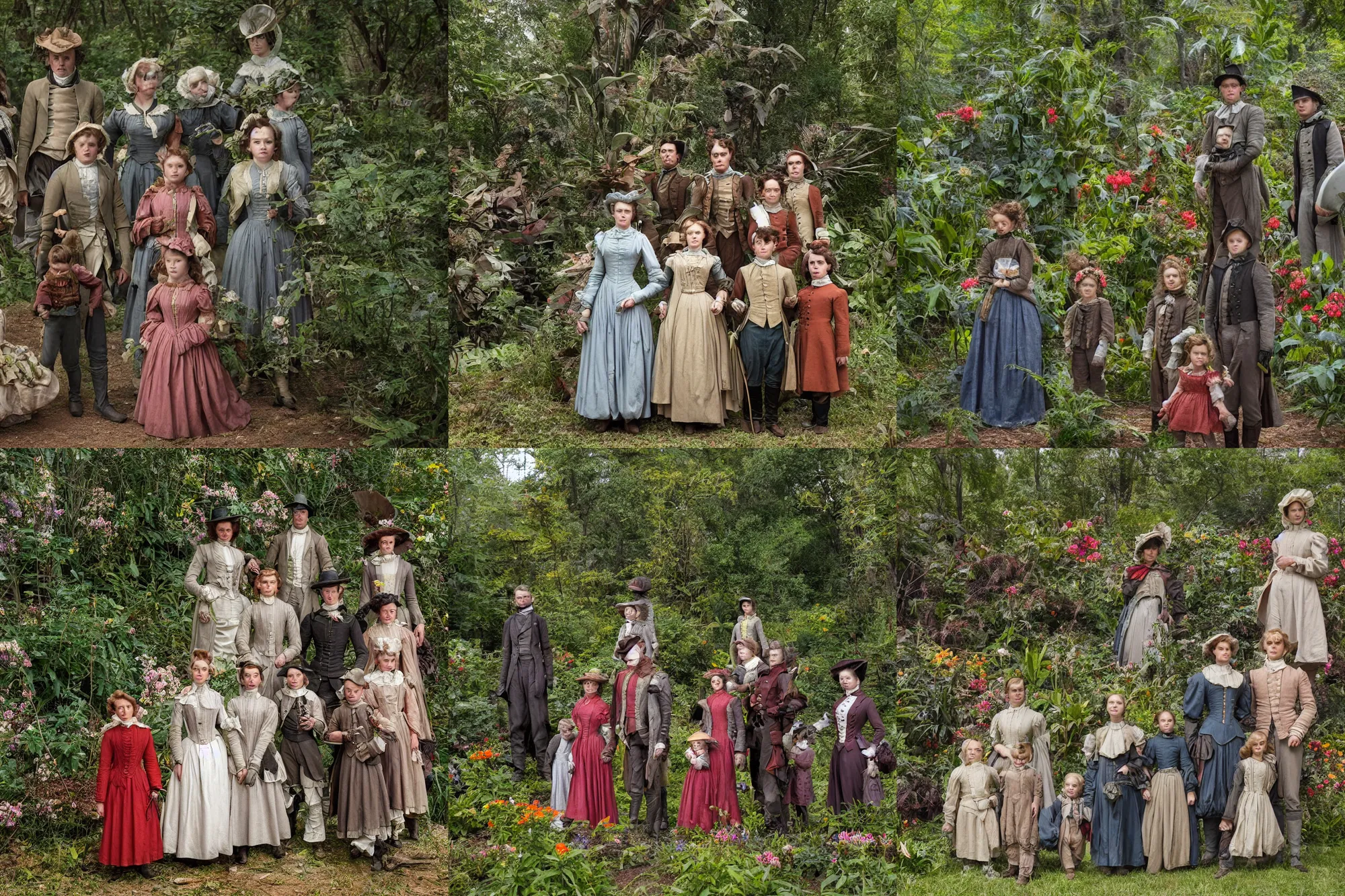 Prompt: sharp, detailed, 36864k film, 17500mm film still from a sci fi blockbuster color movie made in 2019, set in 1860, of a family standing in a park, next to some strange alien plants and flowers, on an alien planet, the family are all wearing 1860s era clothes, good lighting, enhanced faces, 700mm f/1.4L lens