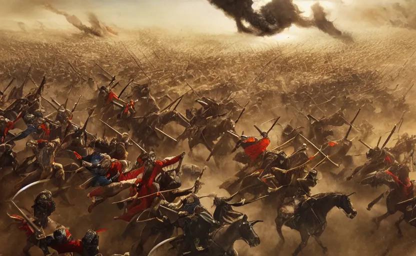 Prompt: dramatic cinematic artwork from above an army of warriors charging toward the enemy with the commander at the front with his sword raised by greg rutowski