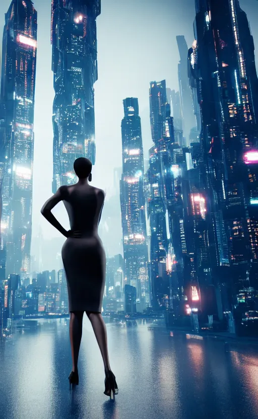 Image similar to an elegant Black woman in dress and heels, her back is to us, looking at a futuristic Blade Runner city, 8K