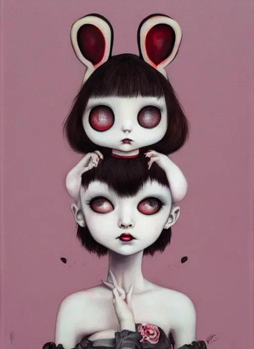 Prompt: pop surrealism, lowbrow art, realistic cute alice girl painting, japanese street fashion, hyper realism, muted colors, mark ryden, trevor brown style