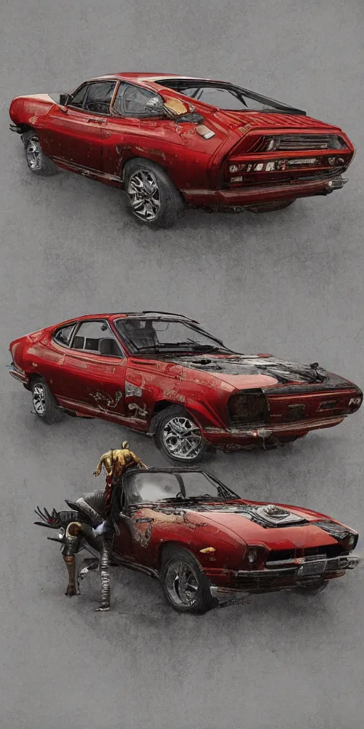 Prompt: red 70s Ford Capri, in style of Dark Souls 3, insanely detailed and intricate, golden ratio, elegant, ornate, luxury, elite, ominous, haunting, matte painting, cinematic, cgsociety, James jean, Brian froud, ross tran, Laputa, vivid and vibrant