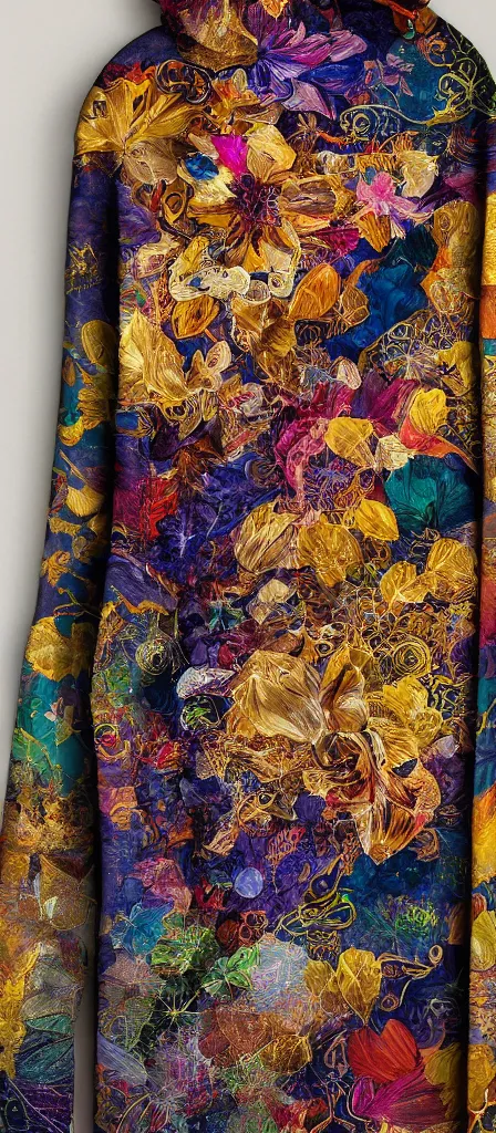 Prompt: stunning interpretation of hoodie made with petals, advertsiement, highly detailed and intricate, golden ratio, very colorful, hypermaximalist, ornate, luxury, elite, good vibes, oil painting, cinematic