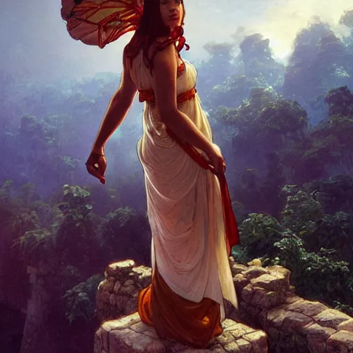 Prompt: a young girl standing on top of an impossibly tall wall, looking down at what is on the other side. she wears a shirt and trousers and a very long red scarf around her neck that trails down a long way. beautiful fantasy painting by artgerm and greg rutkowski and alphonse mucha