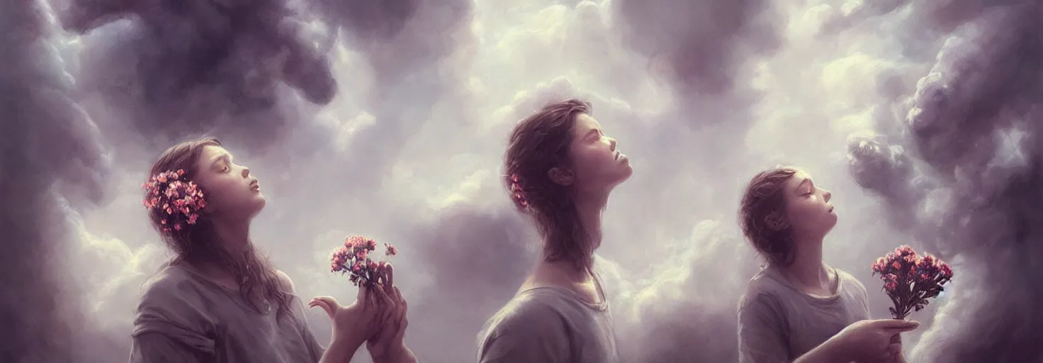 Image similar to young maren looks at the sky from behind the guy's mouth, a puff of smoke falls, the guy's flowers are large, with soft line, symmetrical patterns, in style marco mazzoni, greg rutkowski, artgerm