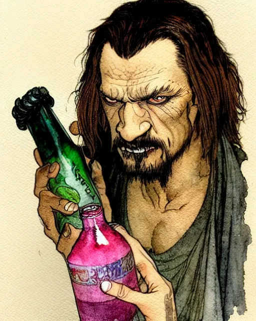 Image similar to a realistic and atmospheric watercolour fantasy character concept art portrait of a sleazy qui - gon jinn drinking out of a bottle with pink eyes wearing a wife beater. by rebecca guay, michael kaluta, charles vess and jean moebius giraud