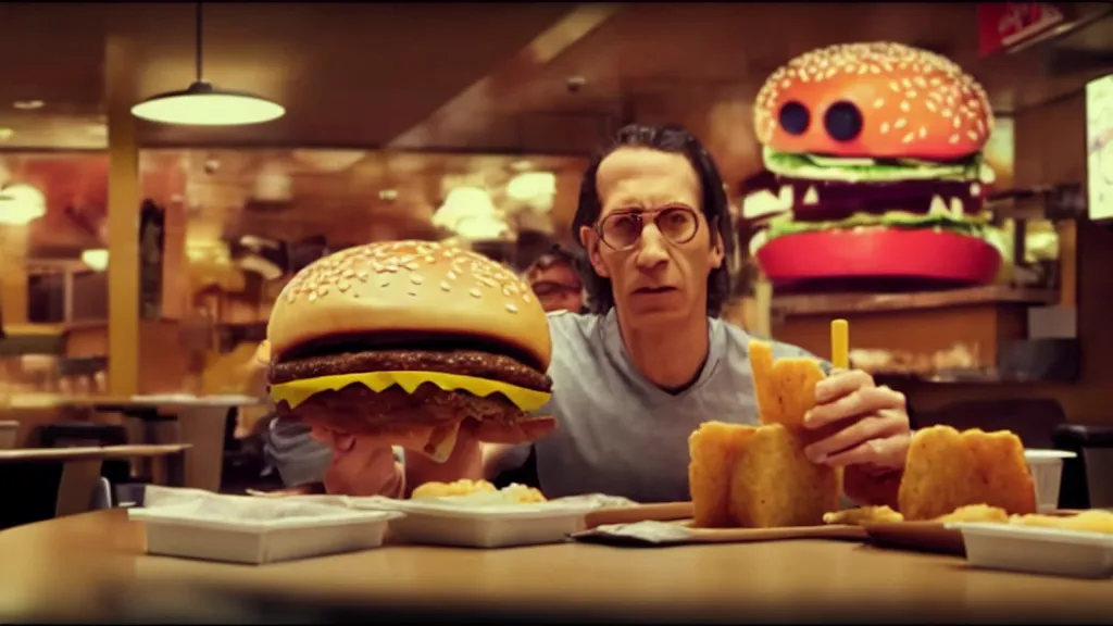 Prompt: the giants cheeseburger monster at the fast food place, film still from the movie directed by denis villeneuve and david cronenberg with art direction by salvador dali, wide lens