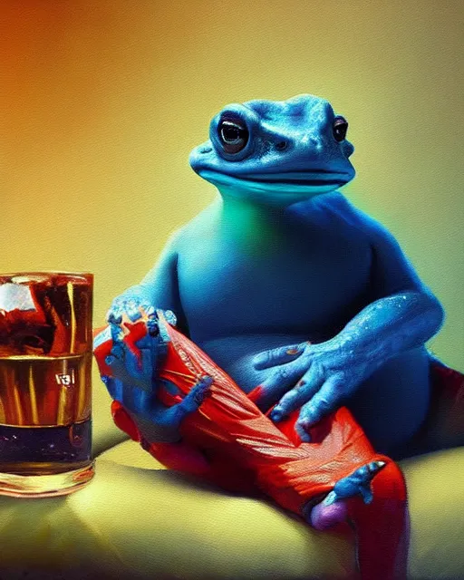 Prompt: hyper realistic oil painting of toad watching a tv movie drink coke and chill on the couch, vibrant colors, high contrast, by greg rutkowski, trending on artstation