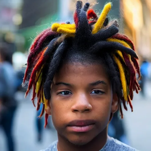 Image similar to a close up, 1 3 0 mm photo of a black boy with colored dread hair in new york street