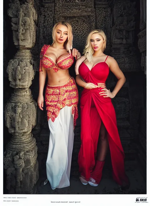 Image similar to portrait of lindsey pelas and scarlet johansson wearing kebaya in bali temple, by charlotte grimm, natural light, detailed face, beautiful features, symmetrical, canon eos c 3 0 0, ƒ 1. 8, 3 5 mm, 8 k, medium - format print, half body shot