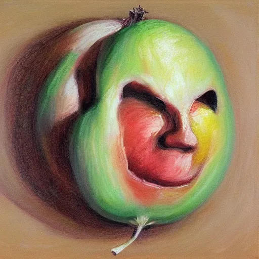 Prompt: crying onion face big tears pastel oil painting