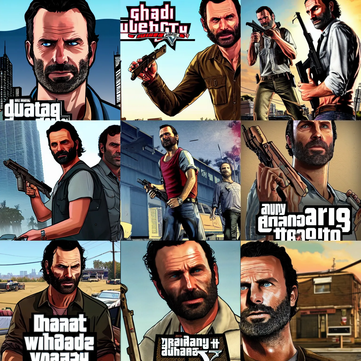 Prompt: rick grimes from twd on a gta 5 cover