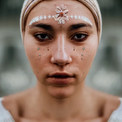 Image similar to minimalist photography portrait of an adorned merowinger woman, symmetrical, super close up, mid thirties, cute round slanted eyes, caucasian, wide nostrils, high cheekbones, full cheeks, high flat eyebrows, angelic, ethereal essence, leica 1 0 0 mm f 0. 8