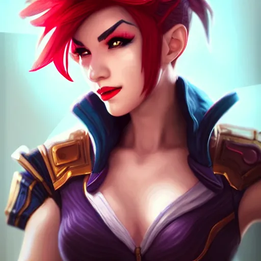 Image similar to portrait of Vi from League of Legends, by Fortiche Studio, from Netflix's Arcane, trending on artstation,fine details, realistic shaded, fine-face, Steampunk city on the background, red hair, painted texture, pretty face,by Artgerm