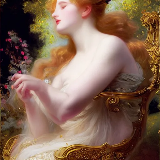 Image similar to blonde beautiful sleeping princess by Franz Xaver Winterhalter and Delphin Enjolras and Rebecca Guay