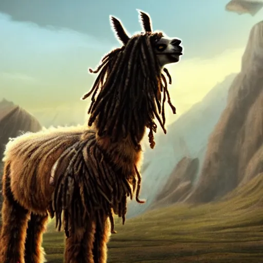 Prompt: A cinematic matte painting of a llama with dreadlocks, heroic pose, ultra realistic, ultra detailed, in the style of chriss foss