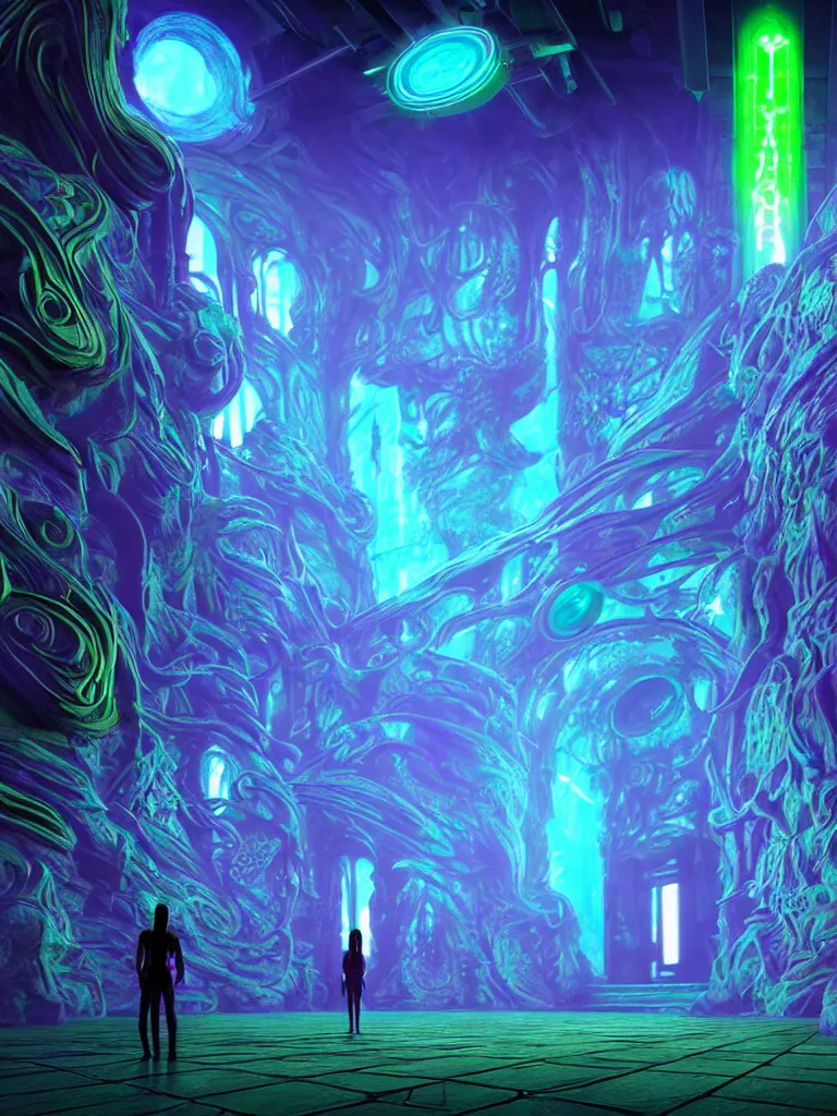 Prompt: entrance to matrix ethereal realm, shiva sentient, rendered in unreal engine, central composition, symmetrical composition, dreamy colorful cyberpunk colors, 6 point perspective, fantasy landscape with anthropomorphic terrain in the styles of igor morski, jim warren and rob gonsalves, intricate, hyperrealistic, volumetric lighting, neon ambiance, distinct horizon