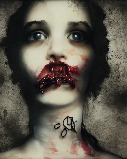 Image similar to an instant photo of a beautiful but creepy young woman in layers of fear, with haunted eyes and curly hair, wearing a vivienne westwood choker, 1 9 7 0 s, seventies, wallpaper, moorland, a little blood, moonlight showing injuries, delicate embellishments, painterly, offset printing technique, by mary jane ansell