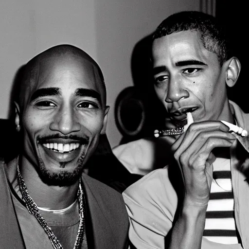 Prompt: a photograph of tupac and barack obama smoking a joint together at the white house in 2 0 0 8, 4 k