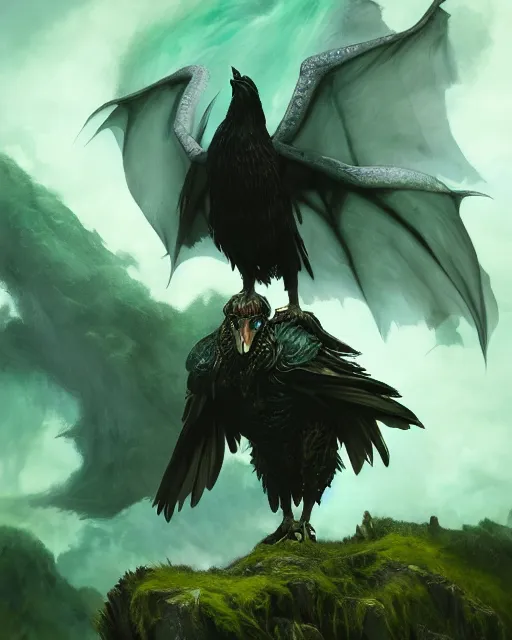 Prompt: oil painting of a Anthropomorphized raven shaman casting spell, spirit of green dragon behind in the clouds, sharp focus, heroic pose, fantasy style, octane render, volumetric lighting, 8k high definition, by greg rutkowski, highly detailed, trending on art Station, magic the gathering artwork, Woodland background, centered