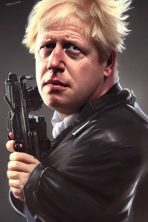 Image similar to Boris Johnson as Terminator, Boris Johnson hairstyle, full body realistic portrait, highly detailed, digital painting, artstation, concept art, smooth, sharp focus, illustration, cinematic lighting, art by artgerm and greg rutkowski and alphonse mucha