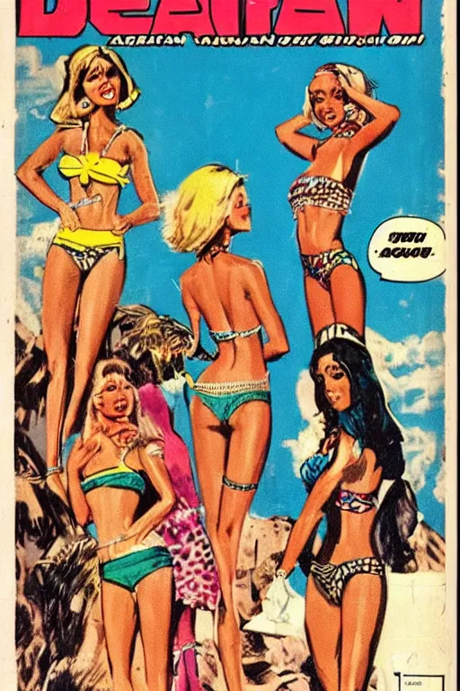 Image similar to !dream african bikini girls, vintage 70s comic cover