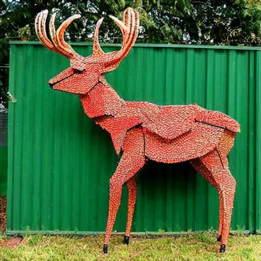 Prompt: A carnivorous deer sculpture made entirely from roadside traffic barrels