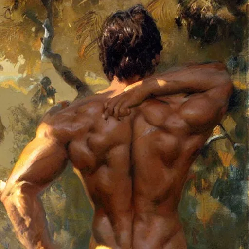 Prompt: Manu Rios with a muscular body type, painting by Gaston Bussiere, Craig Mullins