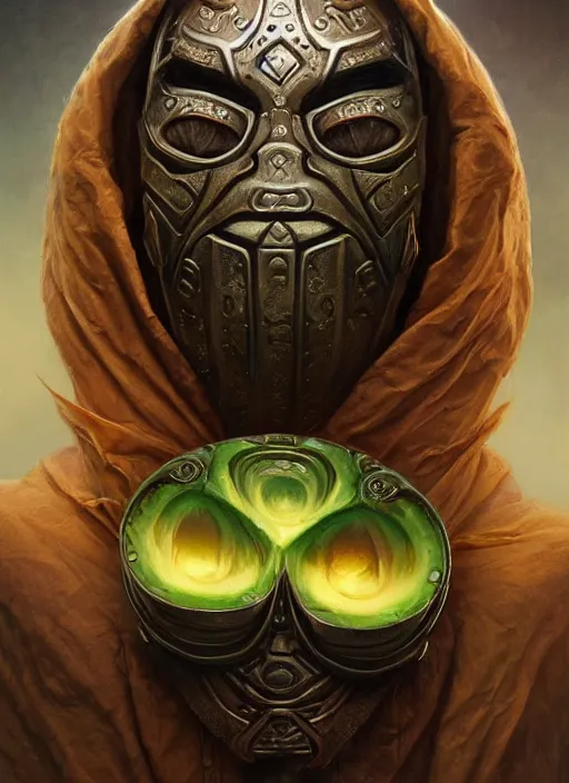 Image similar to avocado mf doom devil eyes, avocado skin. intricate, elegant, highly detailed, centered, digital painting, artstation, concept art, smooth, sharp focus, illustration, artgerm, tomasz alen kopera, peter mohrbacher, donato giancola, joseph christian leyendecker, wlop, frank frazetta