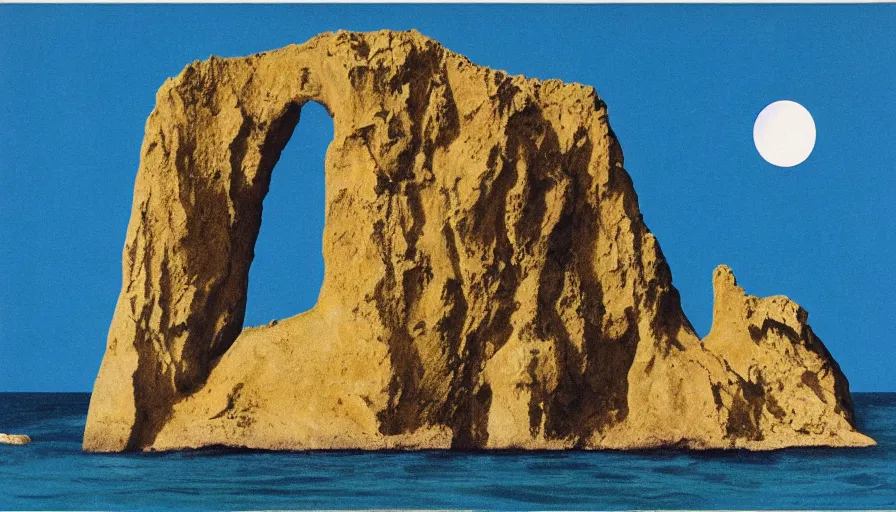 Image similar to a poster about Percé Rock, a rock with a hole in it in the sea, by Bauhaus and John Baldessari