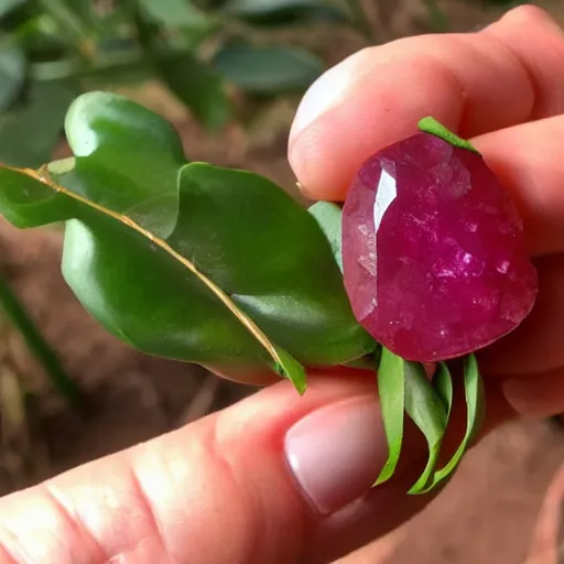 Prompt: a polished cut ruby gemstone growing from a plant