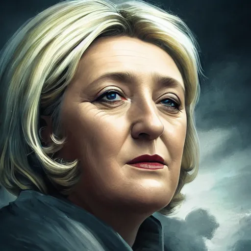 Image similar to Portrait of Marine le Pen , french revolution, heroic, french flag background, amazing splashscreen artwork, splash art, head slightly tilted, natural light, elegant, intricate, fantasy, atmospheric lighting, cinematic, matte painting, detailed face, by Greg rutkowski