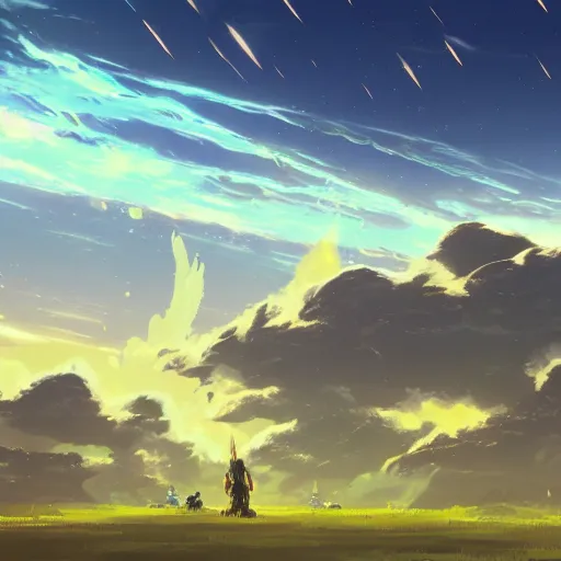 Prompt: a spaceship crashed into a foreign planet. The spaceship is buried in the ground. anime clouds. in the style of digital art, artstation trending, rossdraws, breath of the wild, Makoto Shinkai, ghibli