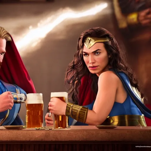 Image similar to cinematic film image of Thor and wonder woman having a beer, MCU, DCU, photo realistic, ultra detailed, trending on artstation, concept art, unreal engine render, 16k