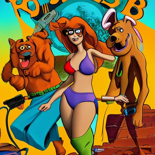 Image similar to Scooby Doo, cover art by stephen Bliss, no text, wearing a bikini, holding a gun, trending on artstation