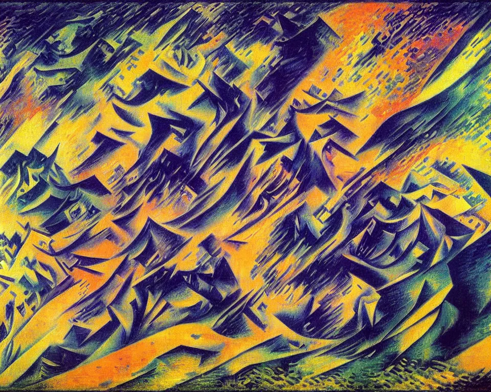 Prompt: a monsoon by umberto boccioni. detailed, proportional, romantic, enchanting, achingly beautiful, graphic print, trending on artstation, jungle, tropical, foliage