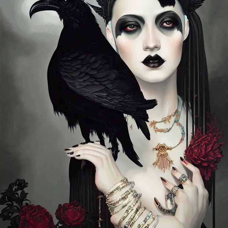 Image similar to breathtaking detailed concept art painting art deco portrait of a goth goddess amalgamation raven, by hsiao - ron cheng, bizarre compositions, exquisite detail, extremely moody lighting, 8 k