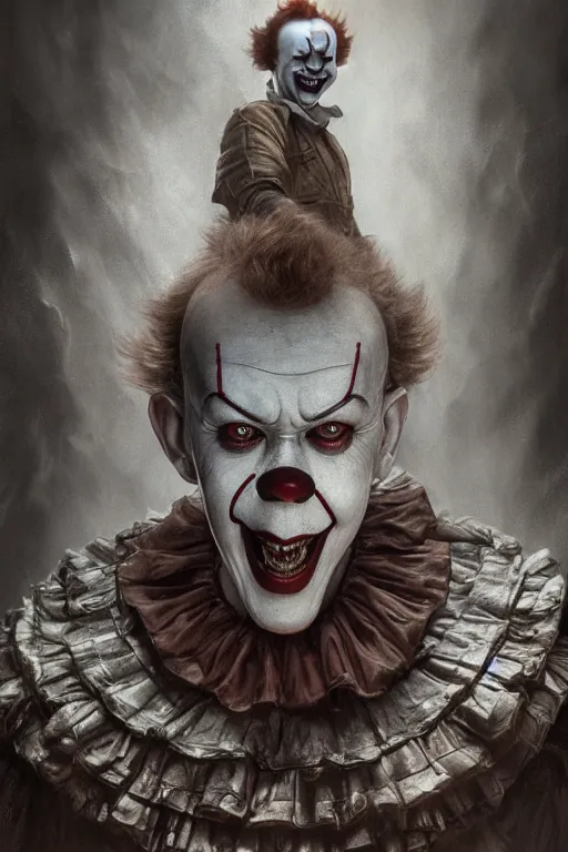 Image similar to realistic portrait beautiful detailed matte painting of cinematic movie scene jet li mutate into pennywise horror, created by gustave dore and greg rutkowski, high detailed, smooth draw, synthwave neon retro, intricate, realistic proportions, dramatic lighting, trending on artstation.