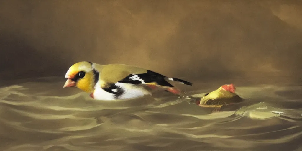 Image similar to painting of a goldfinch drowning in a river of nightmares. by theodore gericault, realistic oil painting, 4 k, studio lightning, award winning, very detailed shadows