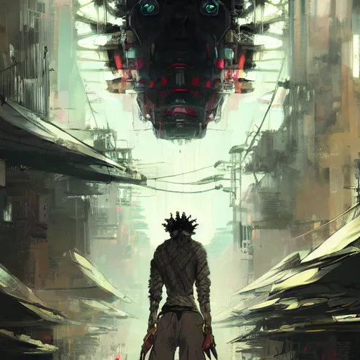 Image similar to afro samurai with menacing robotic eyes, Apex Legends character, digital illustration portrait design, by android jones and greg rutkowski in a cyberpunk style, retrowave color scheme, detailed, cinematic lighting, wide angle action dynamic portrait