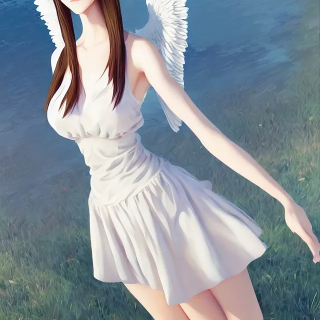 Image similar to infinitely detailed full - body portrait pale female peaceful dream angel wearing elegant clothes. beautiful! scenery art! by wlop & murata range, by ilya kuvshinov. artstation!! / pixiv!!