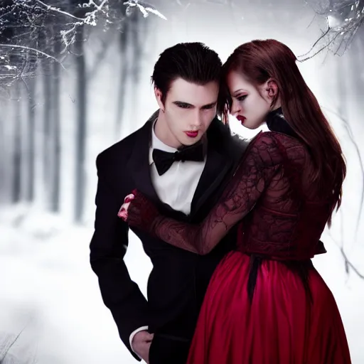 Prompt: handsome vampire holding a beautiful girl, 4 k, professional photograph, romance novel cover