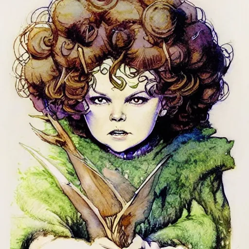 Image similar to a realistic and atmospheric watercolour fantasy character concept art portrait of adult shirley temple as a druidic warrior wizard looking at the camera with an intelligent gaze by rebecca guay, michael kaluta, charles vess and jean moebius giraud