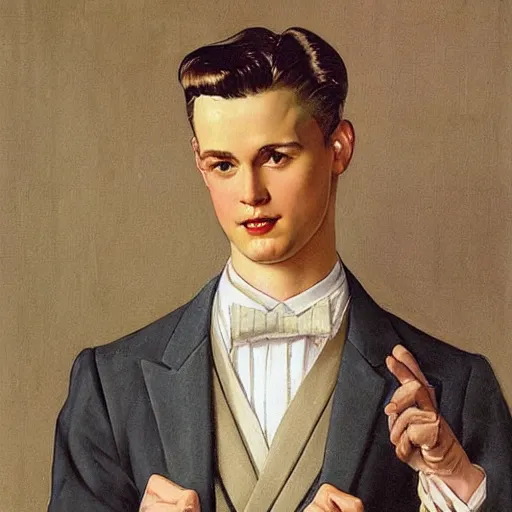 Prompt: beautiful Painting of lucius as a tailor, long blond drill curls, delicate androgynous prince, pale milky porcelain skin, sharp tan suit and waistcoat, by Leyendecker and Norman Rockwell